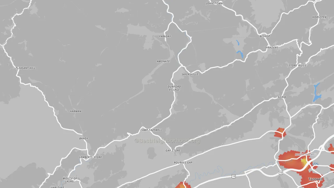 Walk Grade map of Bandy, VA, walkable areas in green and car-dependent areas in red