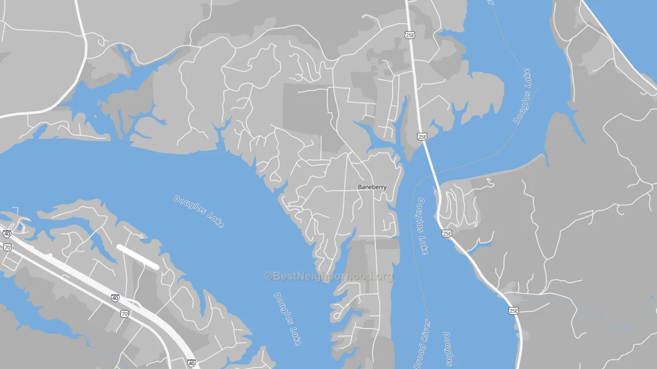 Walk Grade map of Baneberry, TN, walkable areas in green and car-dependent areas in red