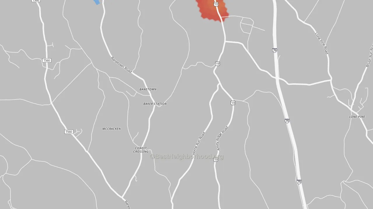 Walk Grade map of Banetown, PA, walkable areas in green and car-dependent areas in red