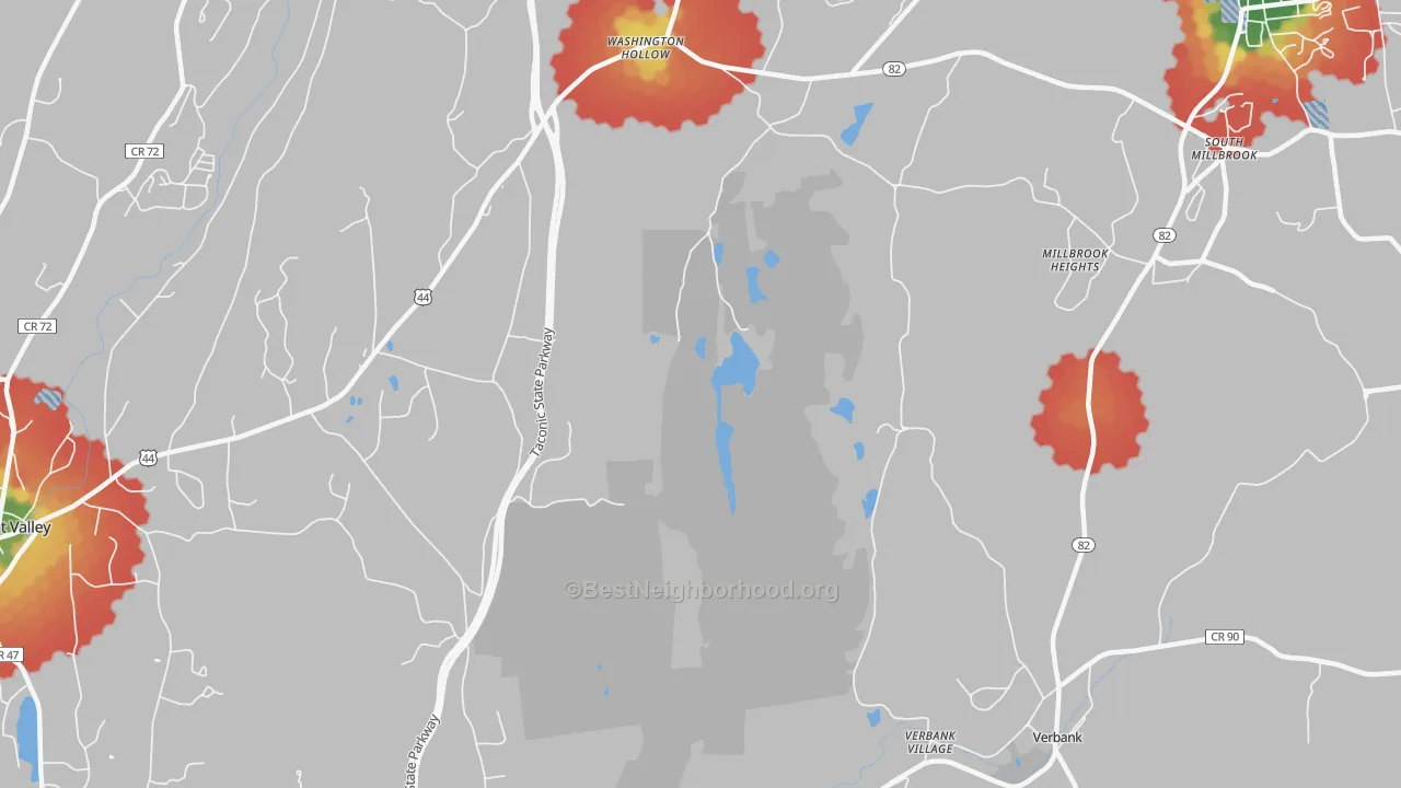 Walk Grade map of Bangall, NY, walkable areas in green and car-dependent areas in red