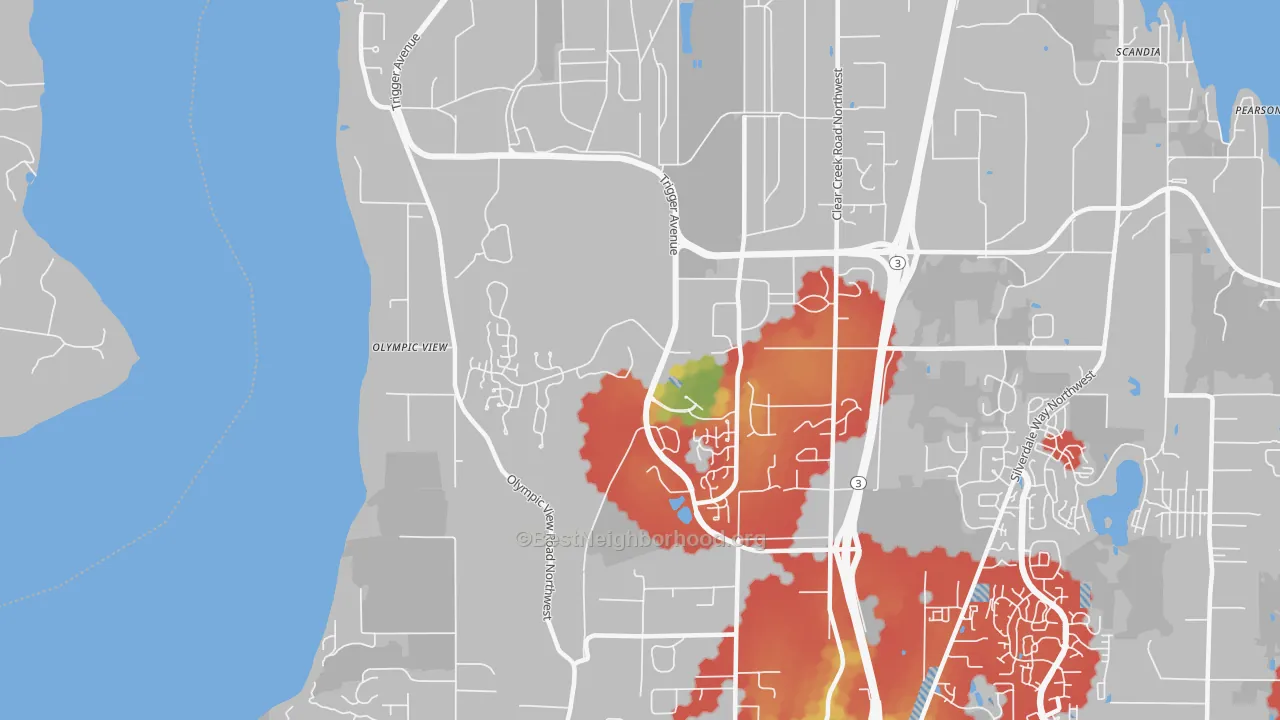 Walk Grade map of Bangor Base, WA, walkable areas in green and car-dependent areas in red