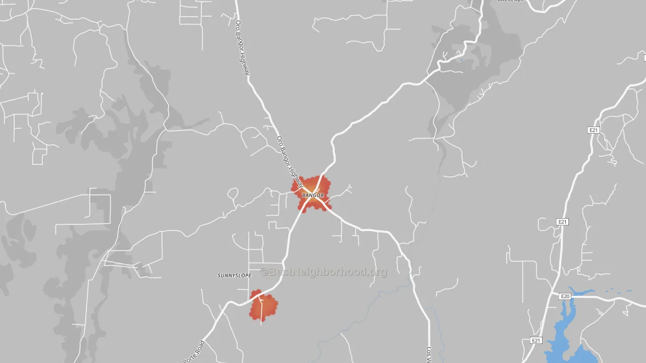 Walk Grade map of Bangor, CA, walkable areas in green and car-dependent areas in red