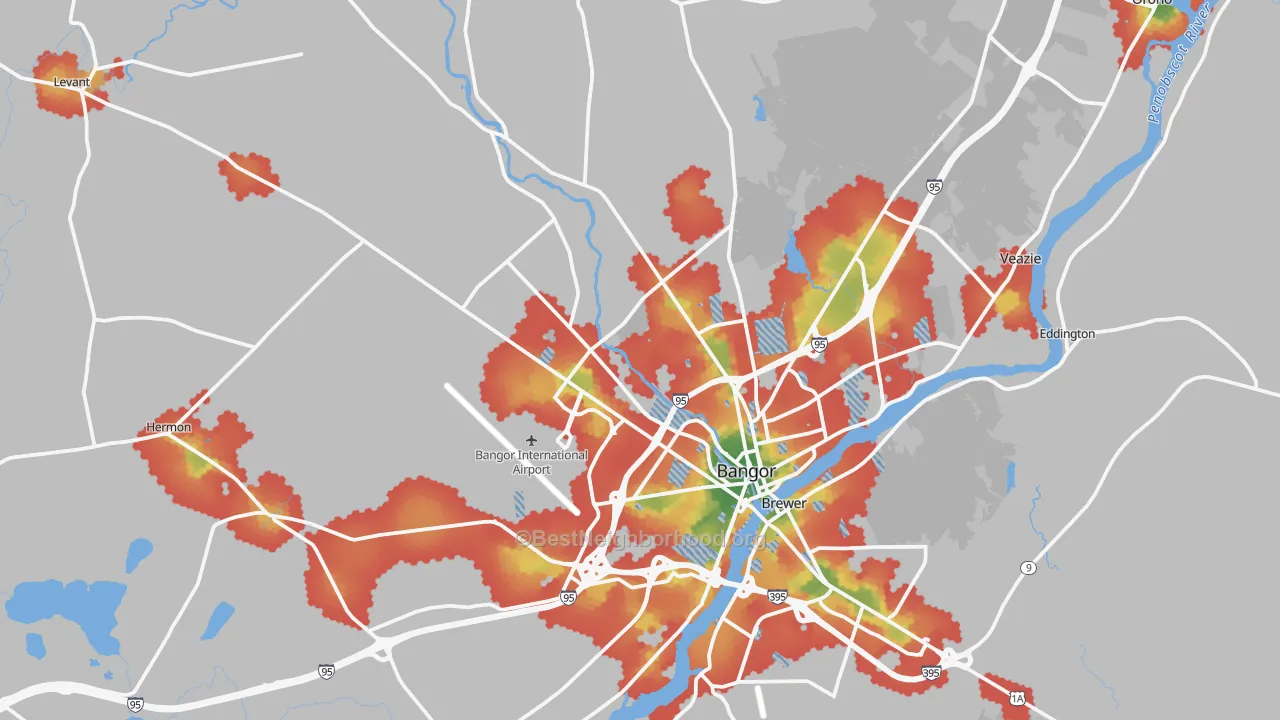 Walk Grade map of Bangor, ME, walkable areas in green and car-dependent areas in red