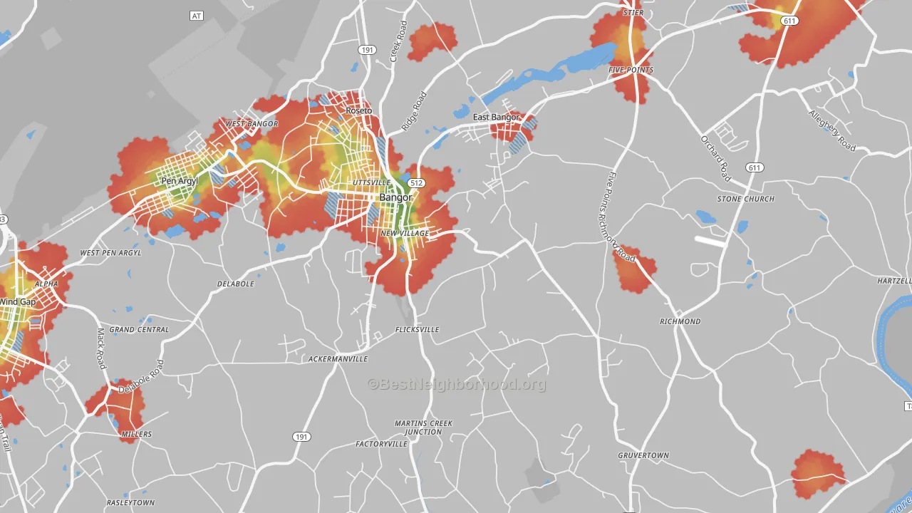 Walk Grade map of Bangor, PA, walkable areas in green and car-dependent areas in red
