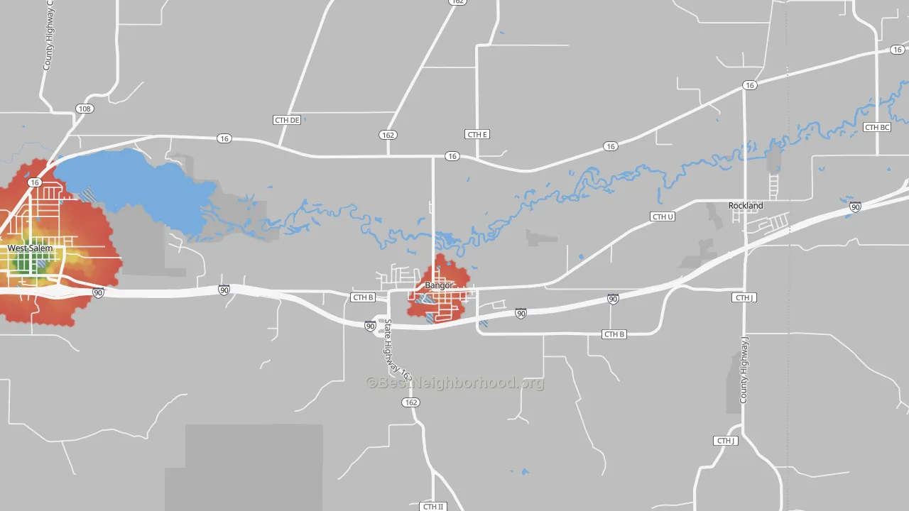 Walk Grade map of Bangor, WI, walkable areas in green and car-dependent areas in red