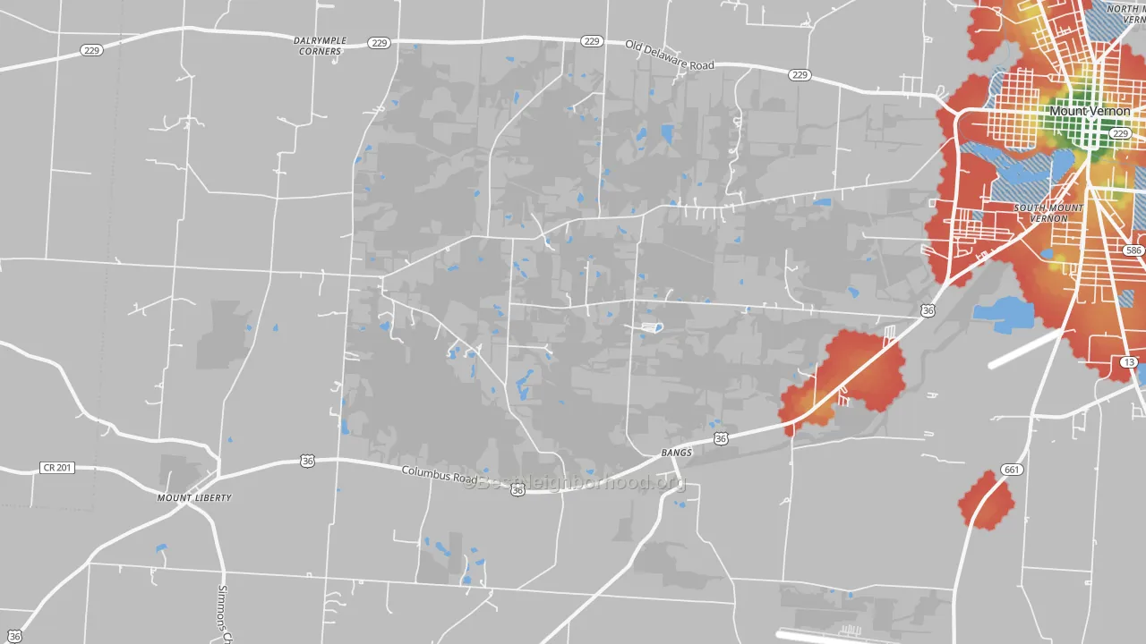 Walk Grade map of Bangs, OH, walkable areas in green and car-dependent areas in red