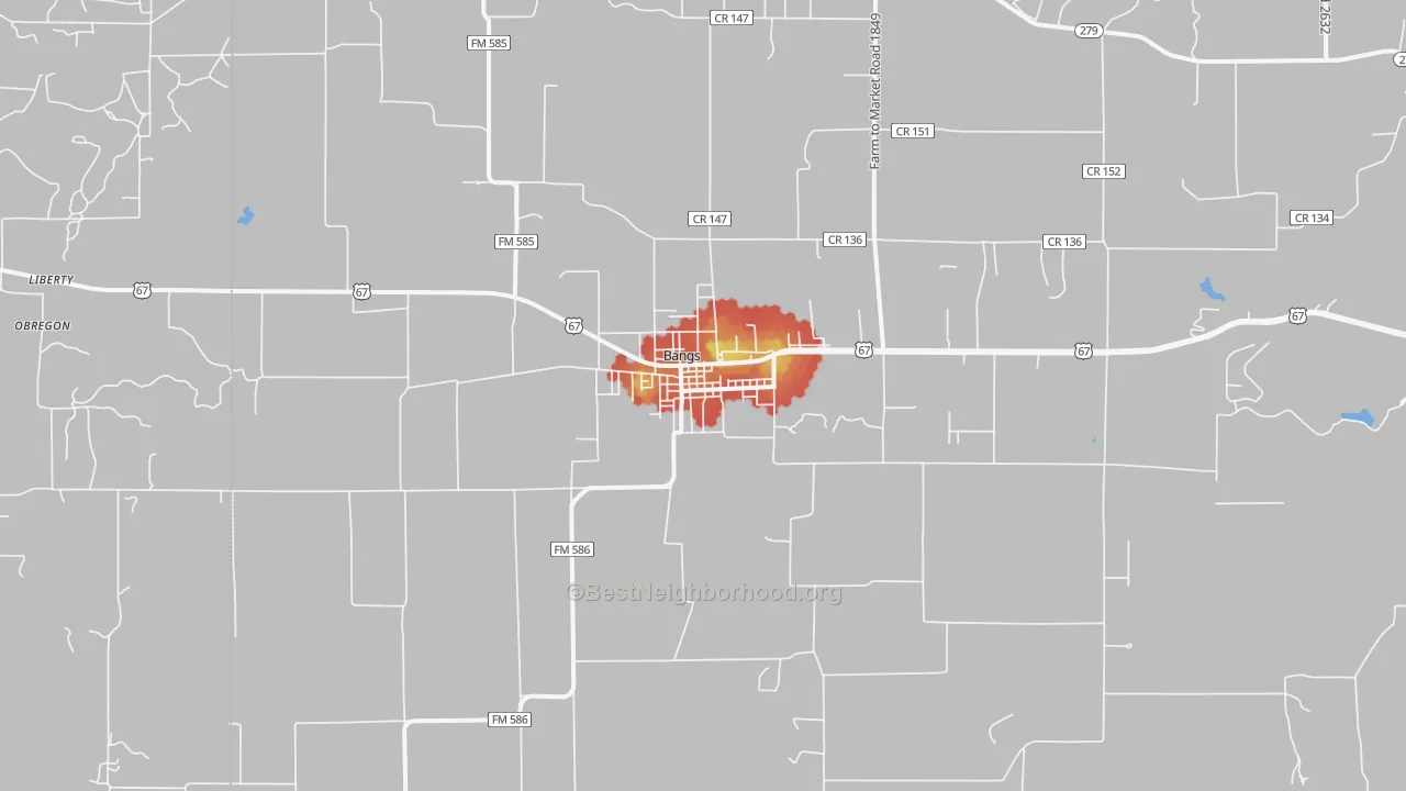 Walk Grade map of Bangs, TX, walkable areas in green and car-dependent areas in red
