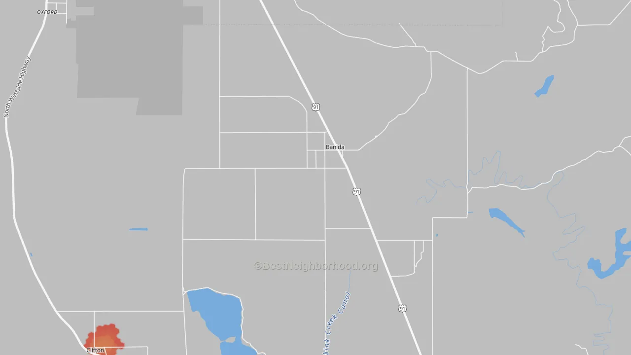 Walk Grade map of Banida, ID, walkable areas in green and car-dependent areas in red