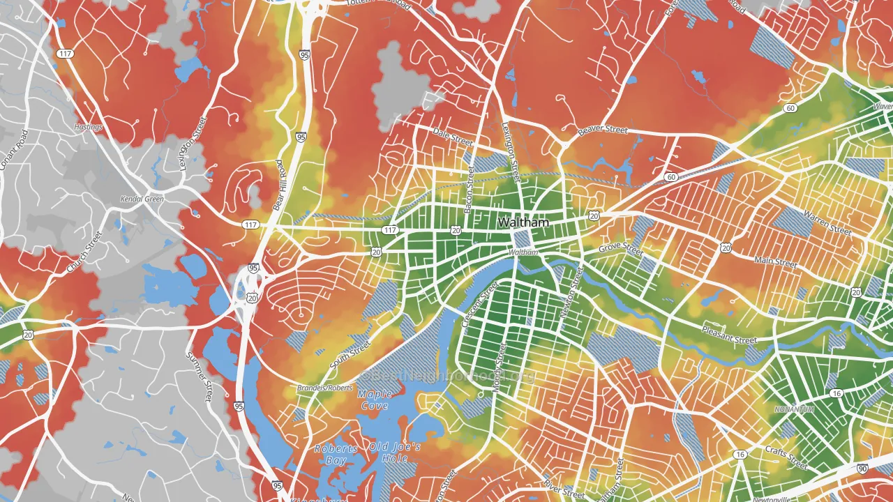 Walk Grade map of Bank Square, Waltham, MA, walkable areas in green and car-dependent areas in red