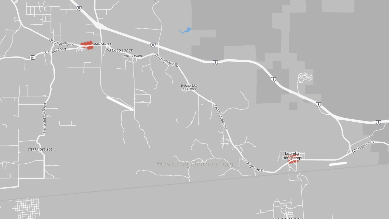 Walk Grade map of Bankhead Springs, CA, walkable areas in green and car-dependent areas in red