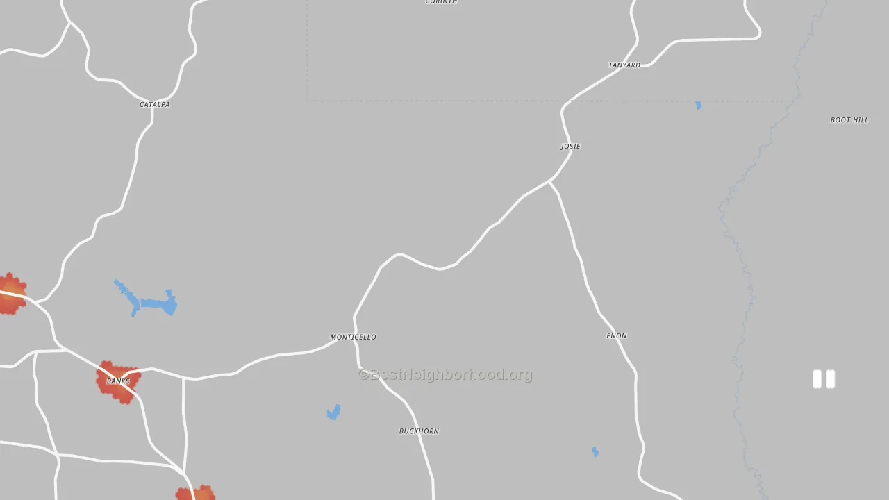 Walk Grade map of Banks, AL, walkable areas in green and car-dependent areas in red