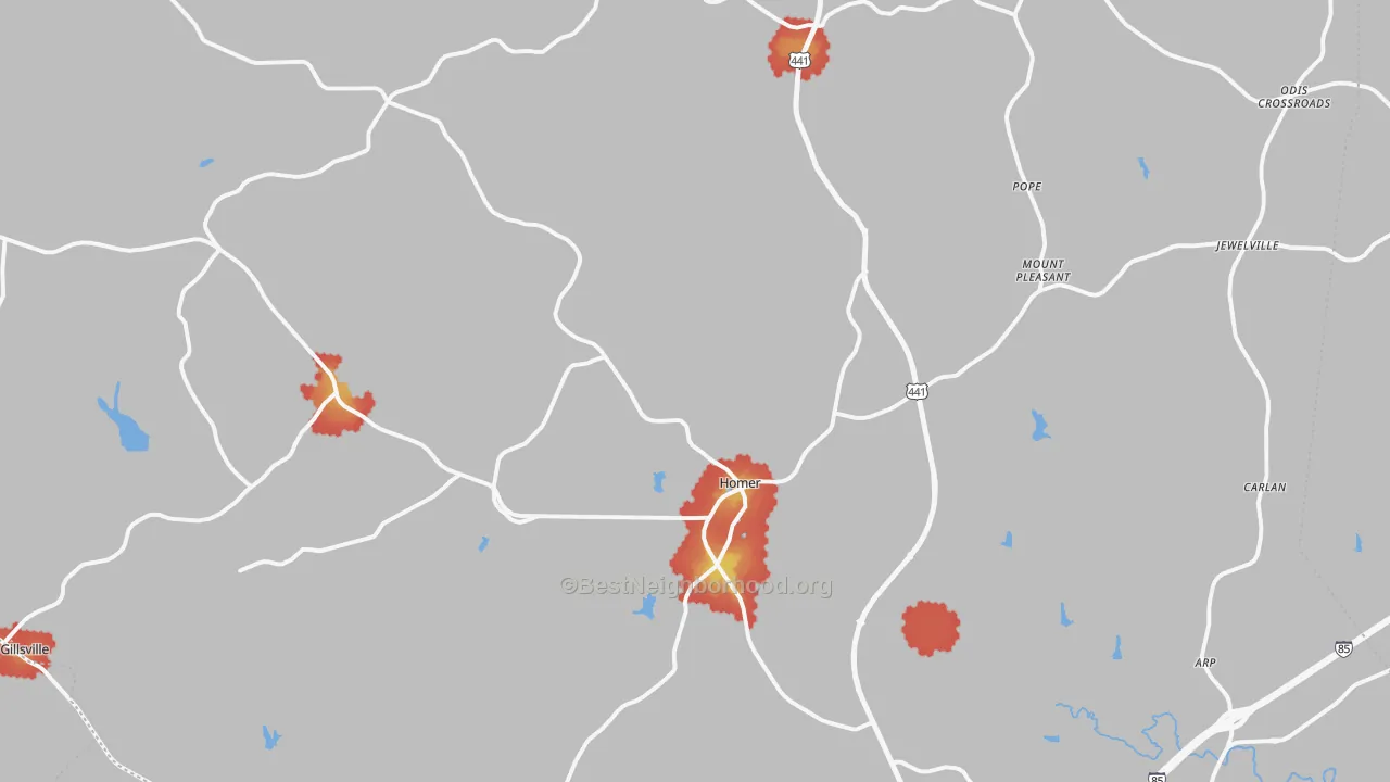 Walk Grade map of Banks County, GA, walkable areas in green and car-dependent areas in red