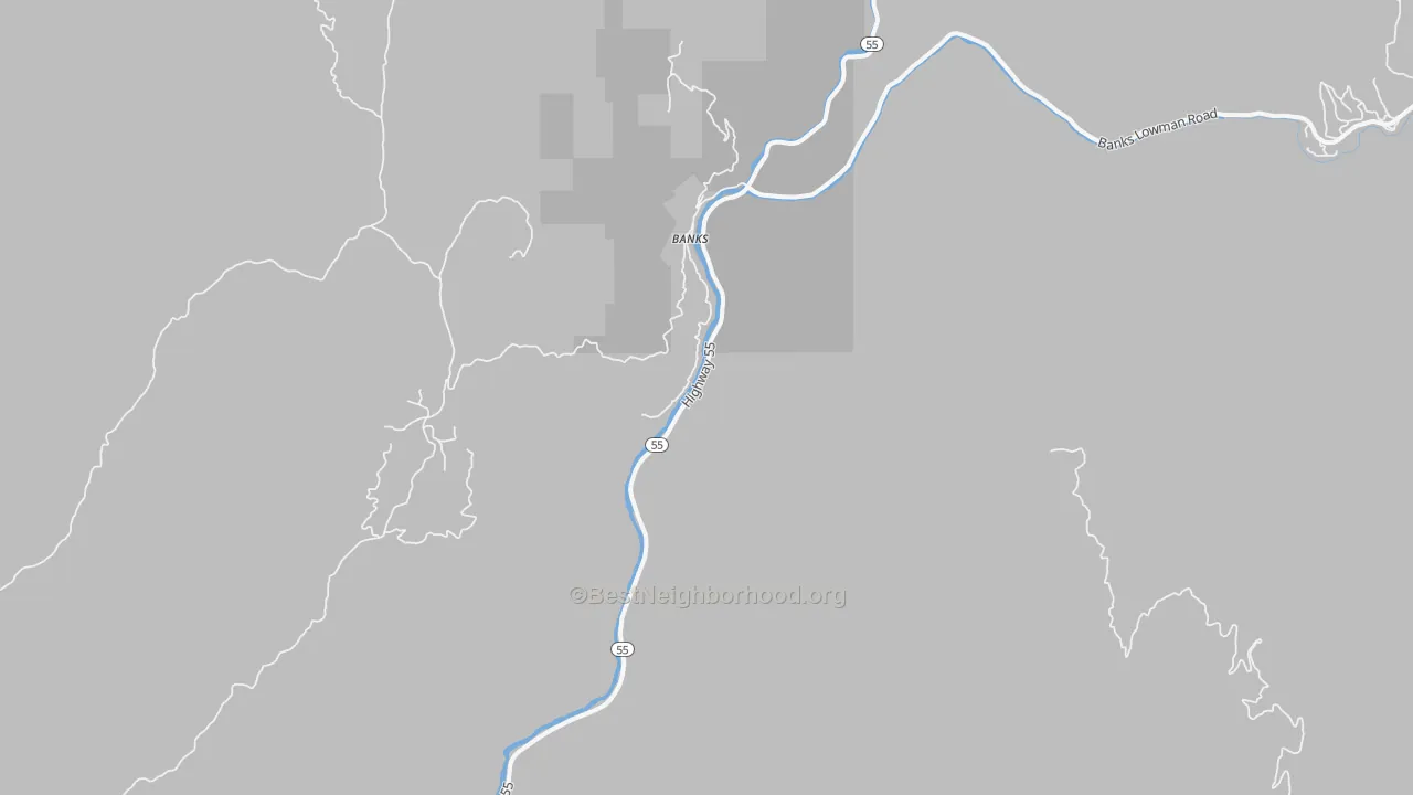 Walk Grade map of Banks, ID, walkable areas in green and car-dependent areas in red
