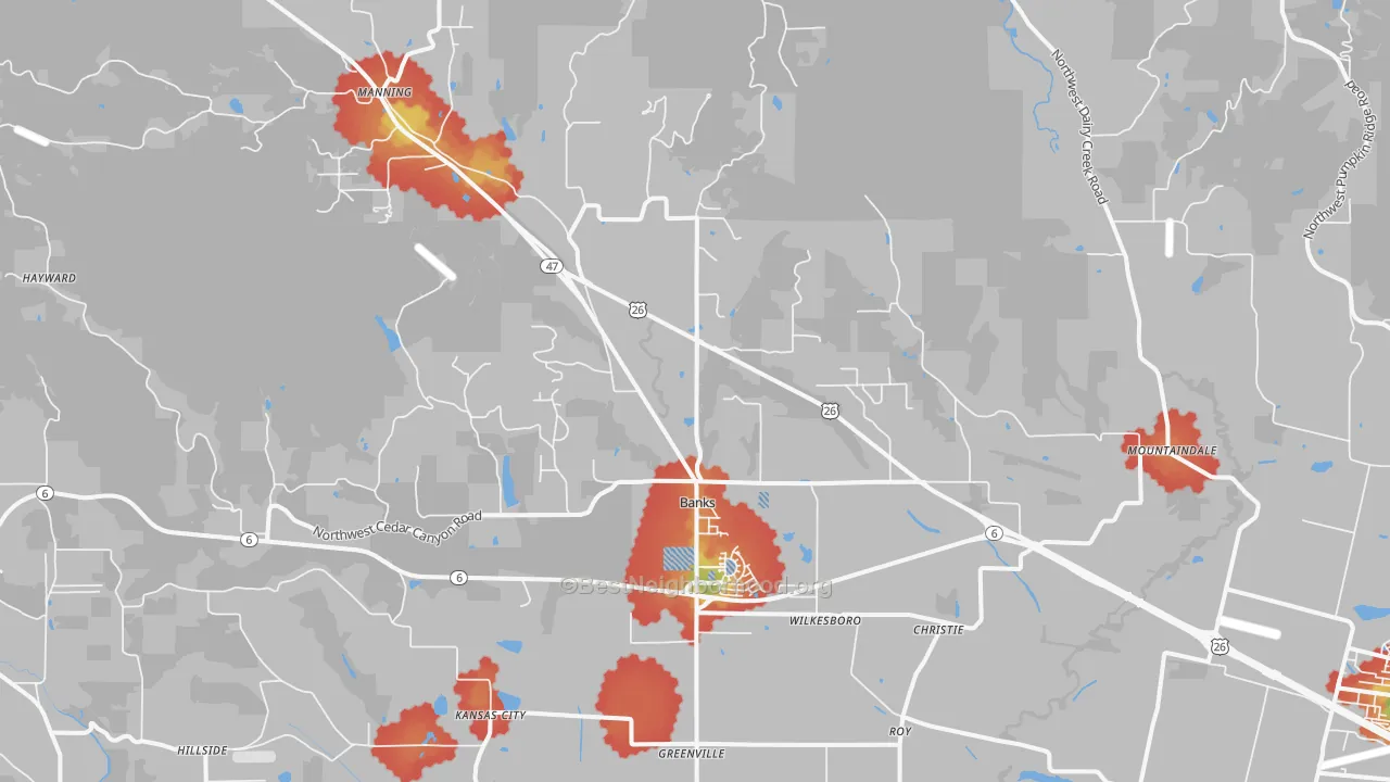 Walk Grade map of Banks, OR, walkable areas in green and car-dependent areas in red