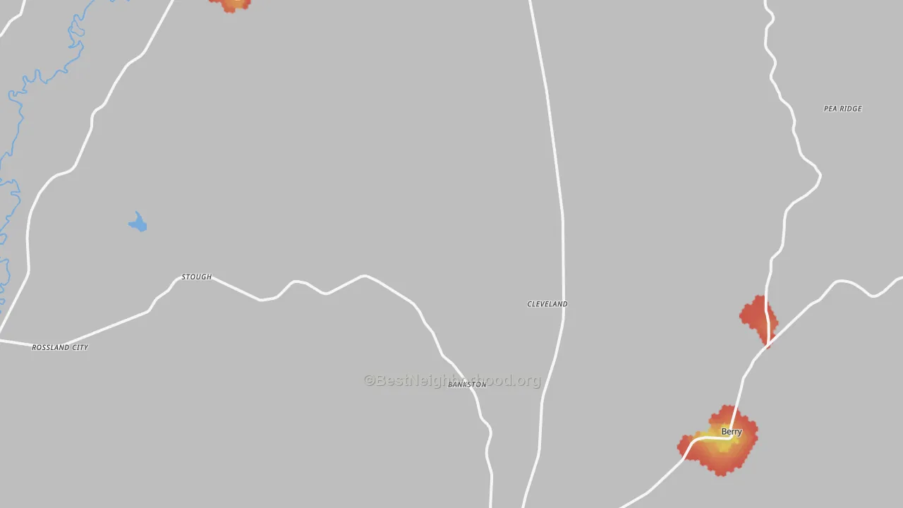 Walk Grade map of Bankston, AL, walkable areas in green and car-dependent areas in red