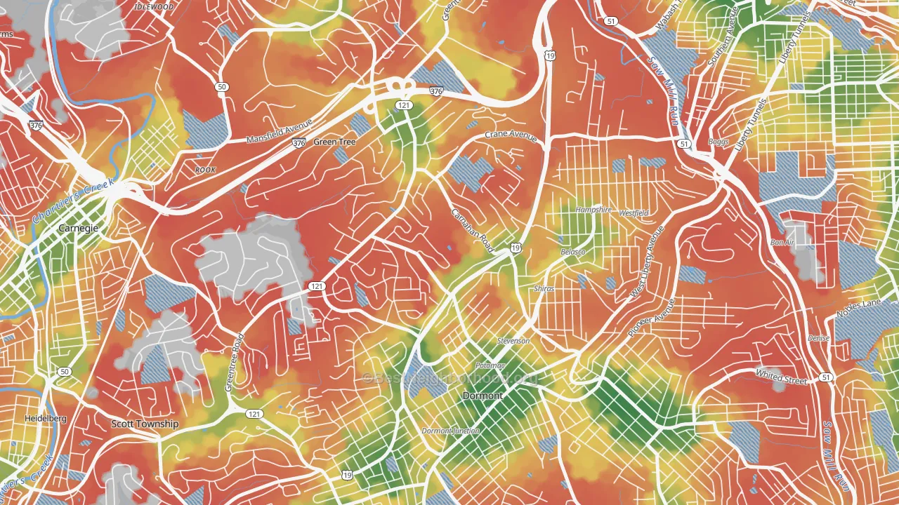 Walk Grade map of Banksville, Pittsburgh, PA, walkable areas in green and car-dependent areas in red