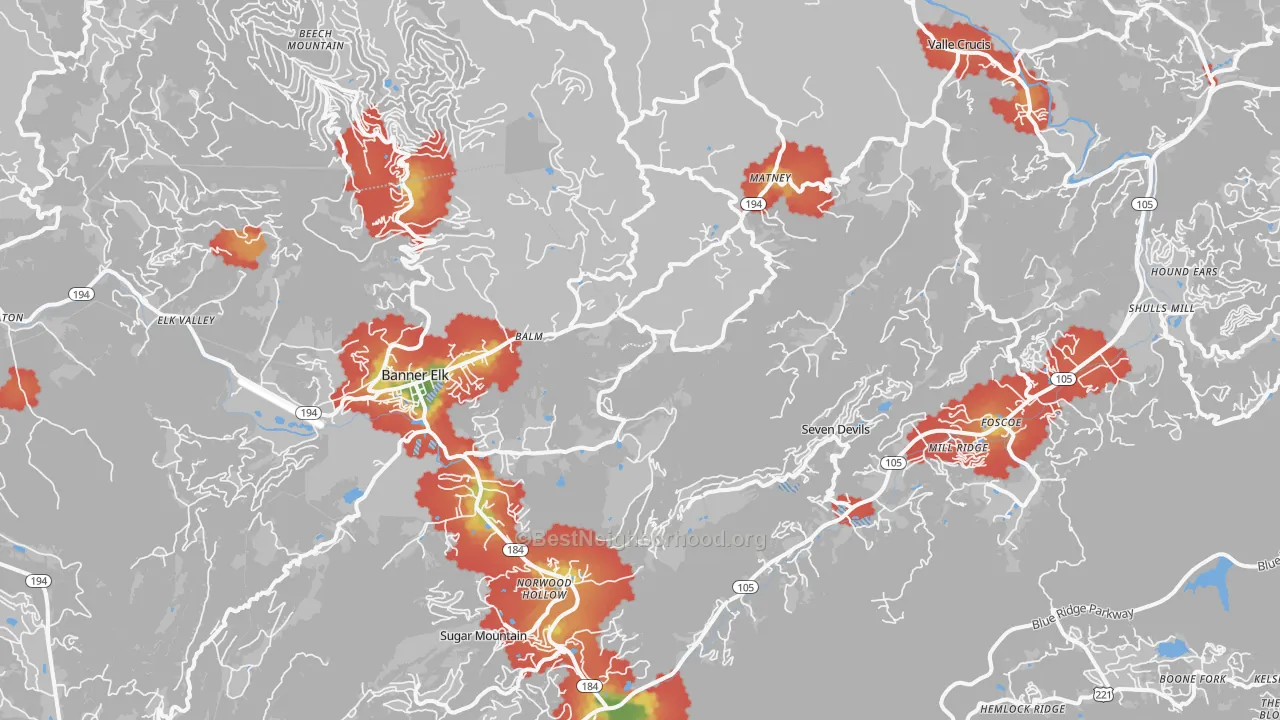 Walk Grade map of Banner Elk, NC, walkable areas in green and car-dependent areas in red