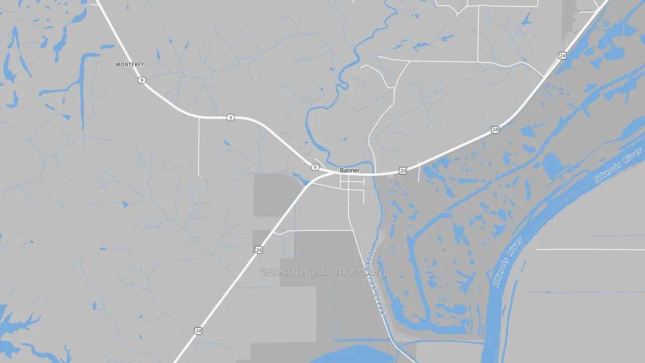 Walk Grade map of Banner, IL, walkable areas in green and car-dependent areas in red