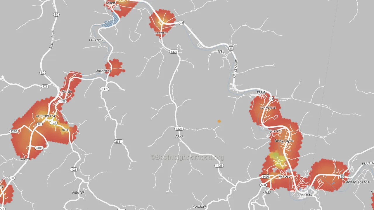 Walk Grade map of Banner, KY, walkable areas in green and car-dependent areas in red