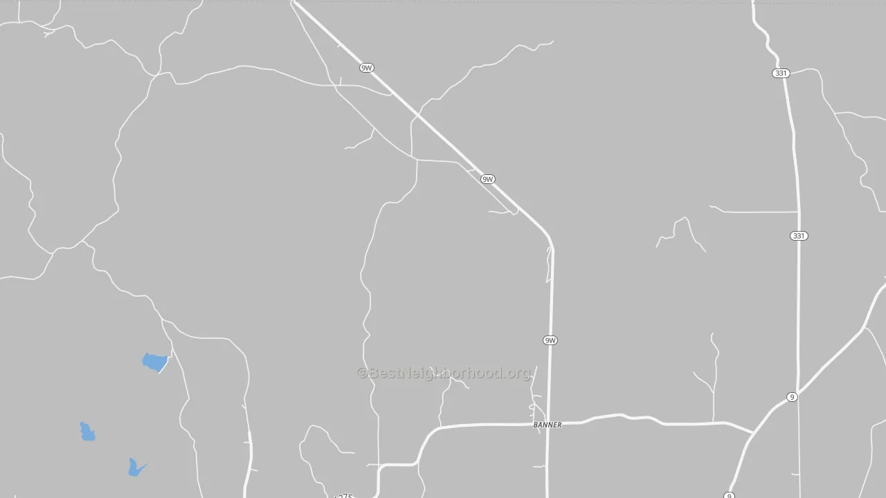 Walk Grade map of Banner, MS, walkable areas in green and car-dependent areas in red