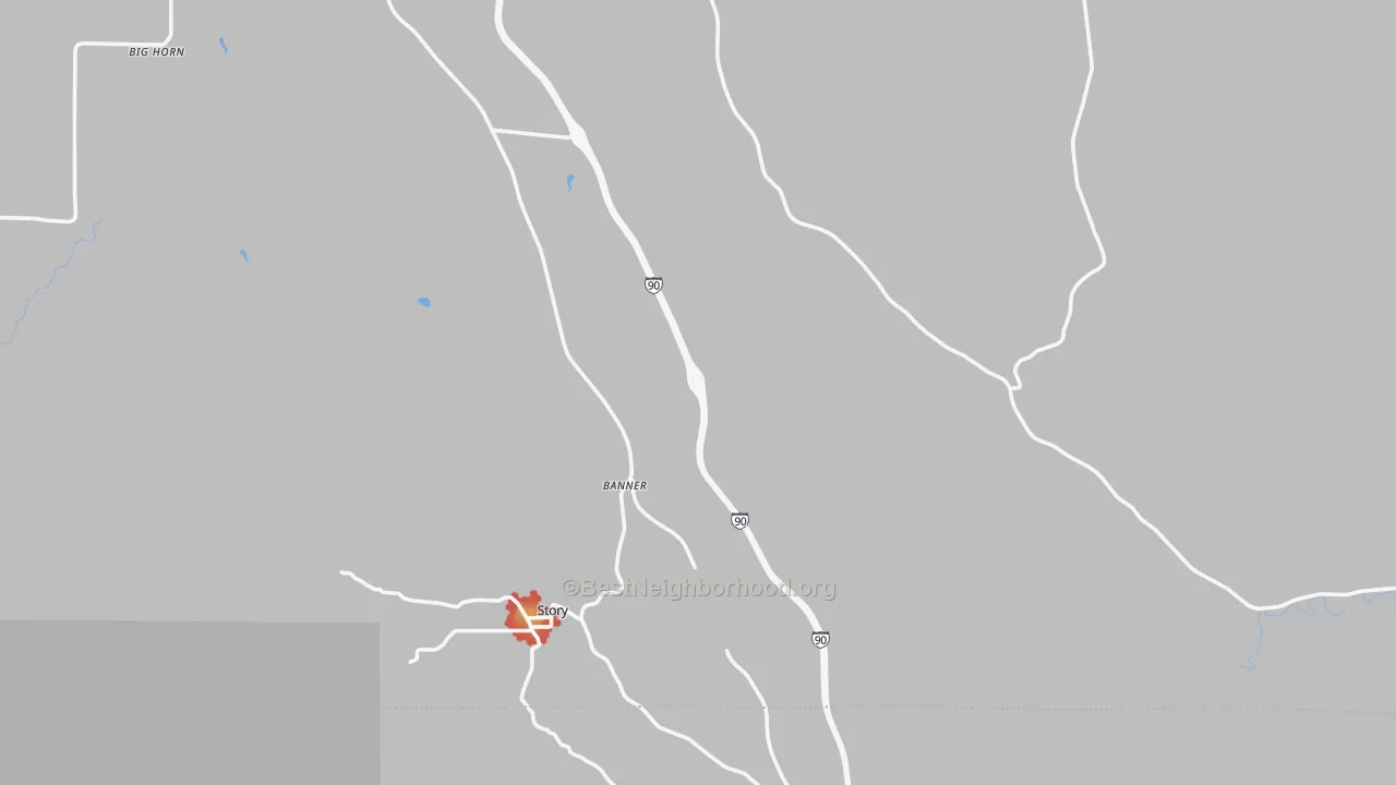 Walk Grade map of Banner, WY, walkable areas in green and car-dependent areas in red