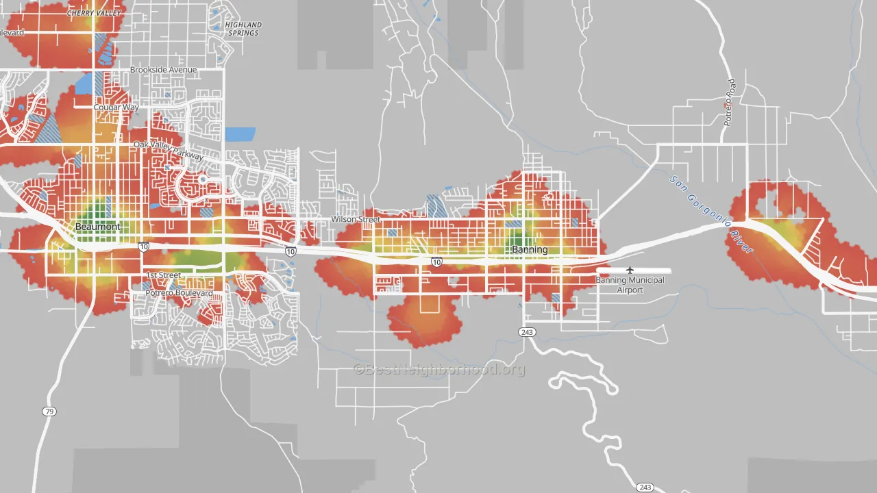 Walk Grade map of Banning, CA, walkable areas in green and car-dependent areas in red