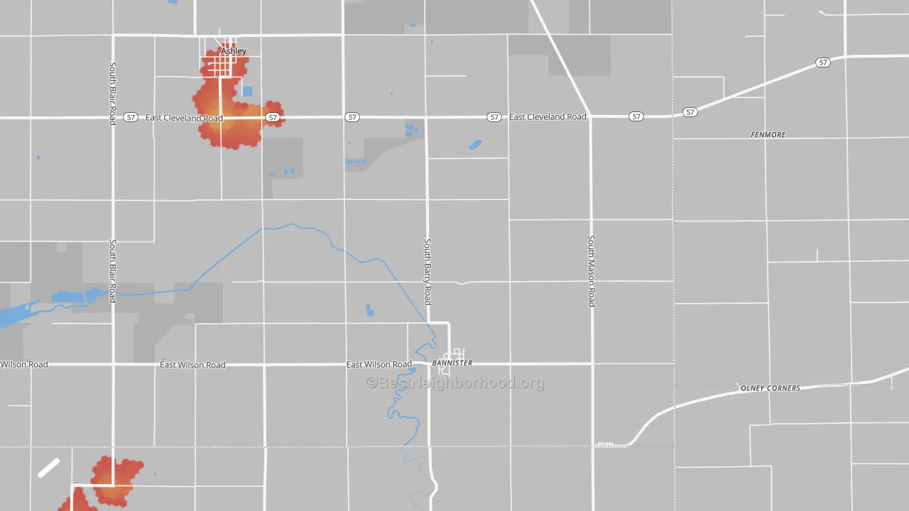 Walk Grade map of Bannister, MI, walkable areas in green and car-dependent areas in red