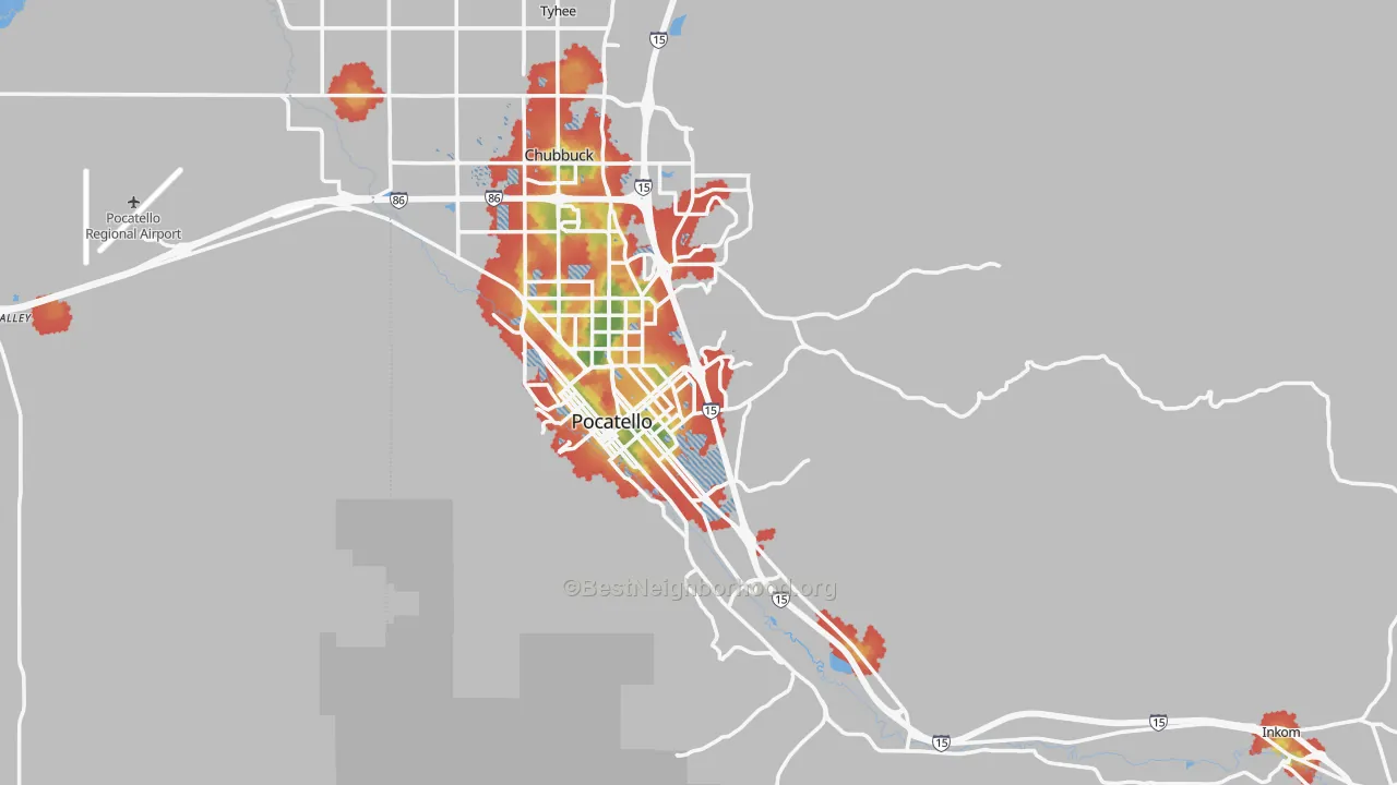 Walk Grade map of Bannock County, ID, walkable areas in green and car-dependent areas in red