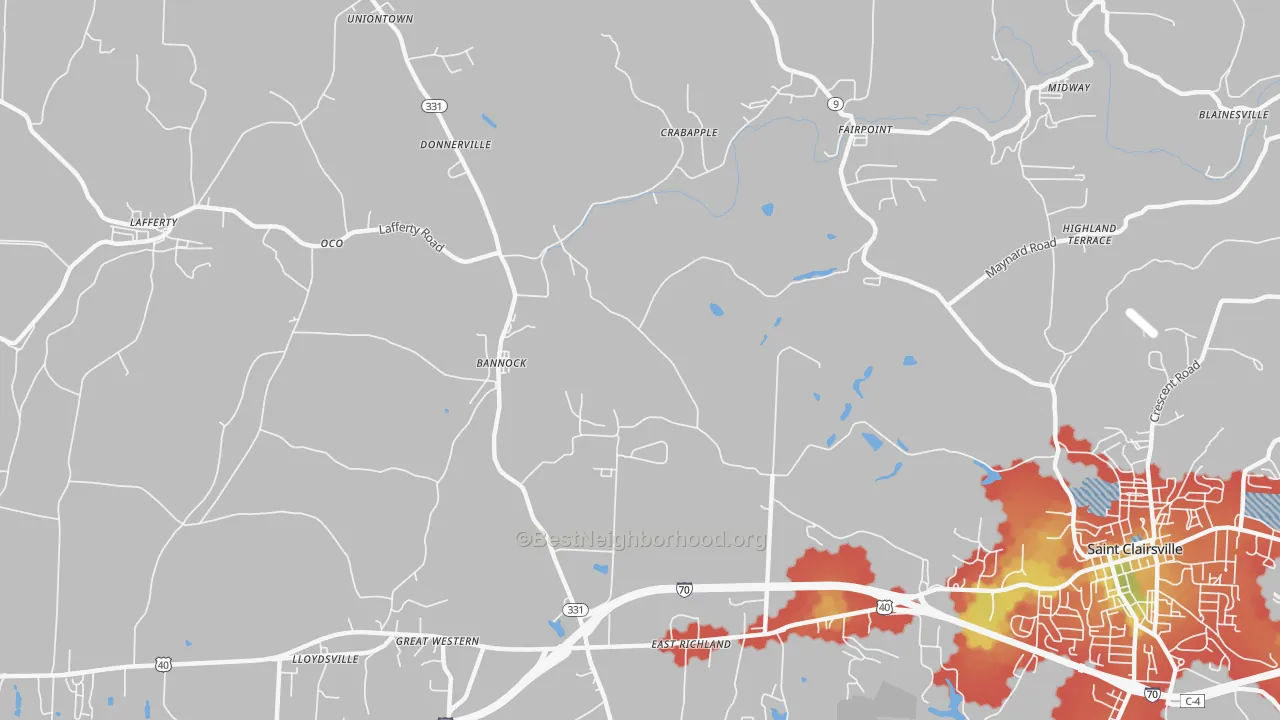 Walk Grade map of Bannock, OH, walkable areas in green and car-dependent areas in red