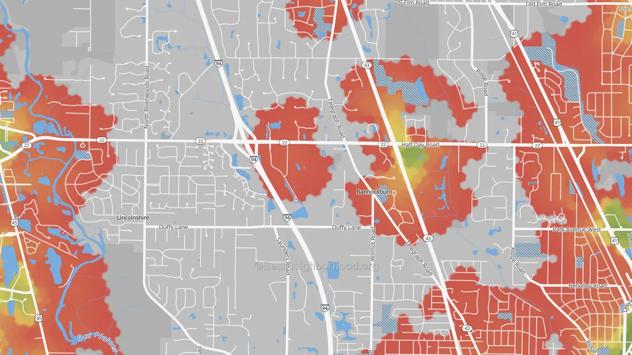 Walk Grade map of Bannockburn, IL, walkable areas in green and car-dependent areas in red