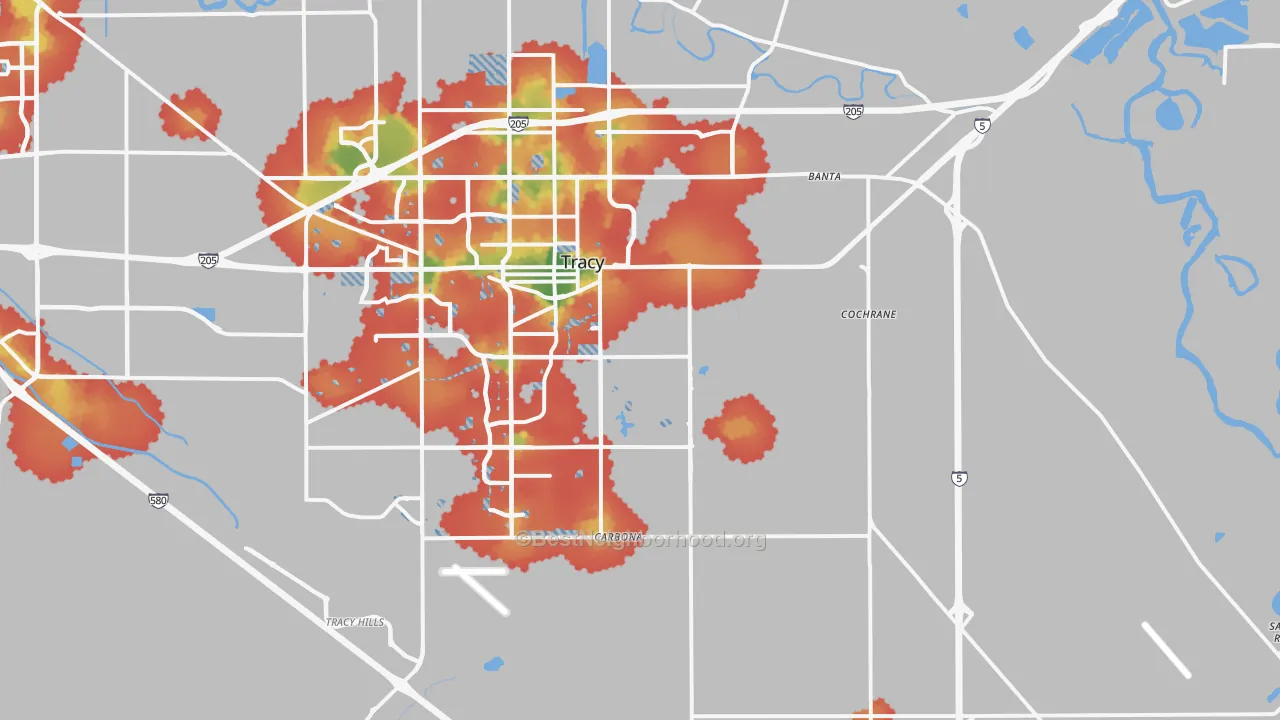 Walk Grade map of Banta, CA, walkable areas in green and car-dependent areas in red