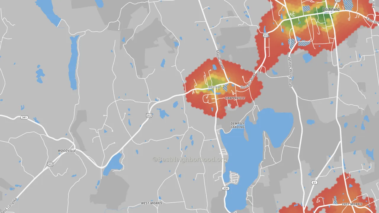 Walk Grade map of Bantam, CT, walkable areas in green and car-dependent areas in red