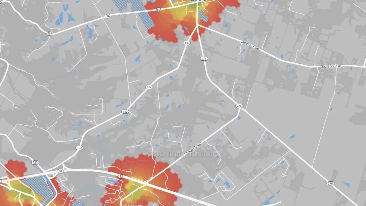 Walk Grade map of Bantam, OH, walkable areas in green and car-dependent areas in red