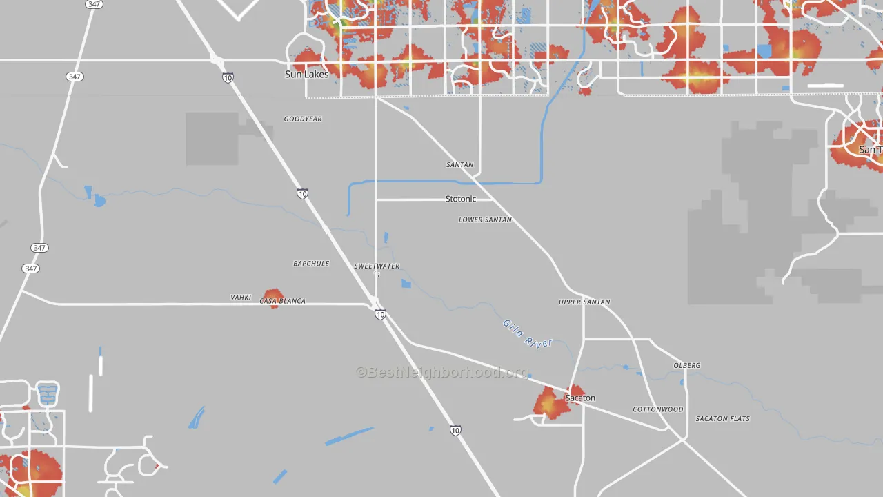 Walk Grade map of Bapchule, AZ, walkable areas in green and car-dependent areas in red