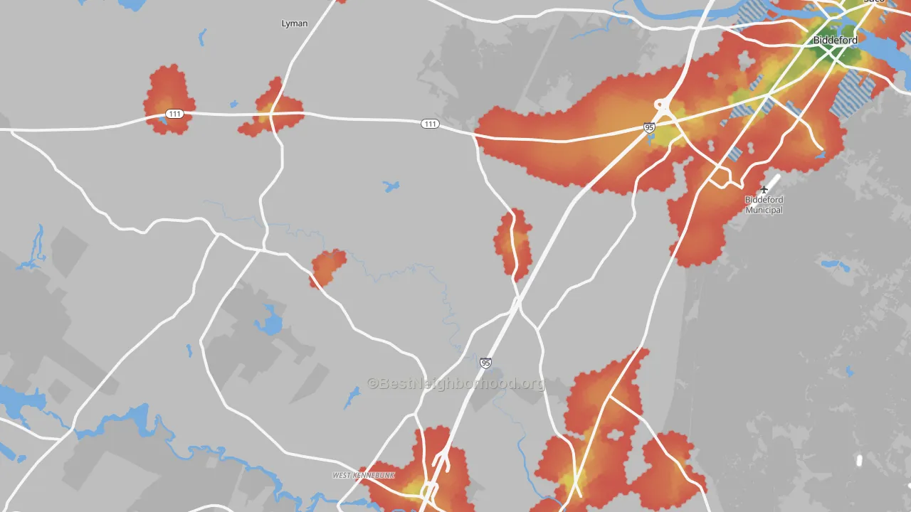 Walk Grade map of Bar Mills, ME, walkable areas in green and car-dependent areas in red