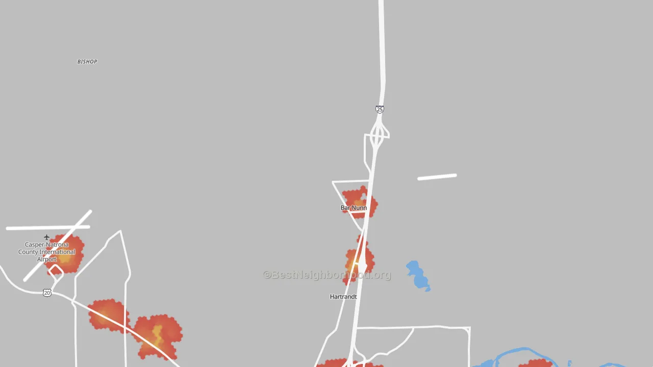 Walk Grade map of Bar Nunn, WY, walkable areas in green and car-dependent areas in red