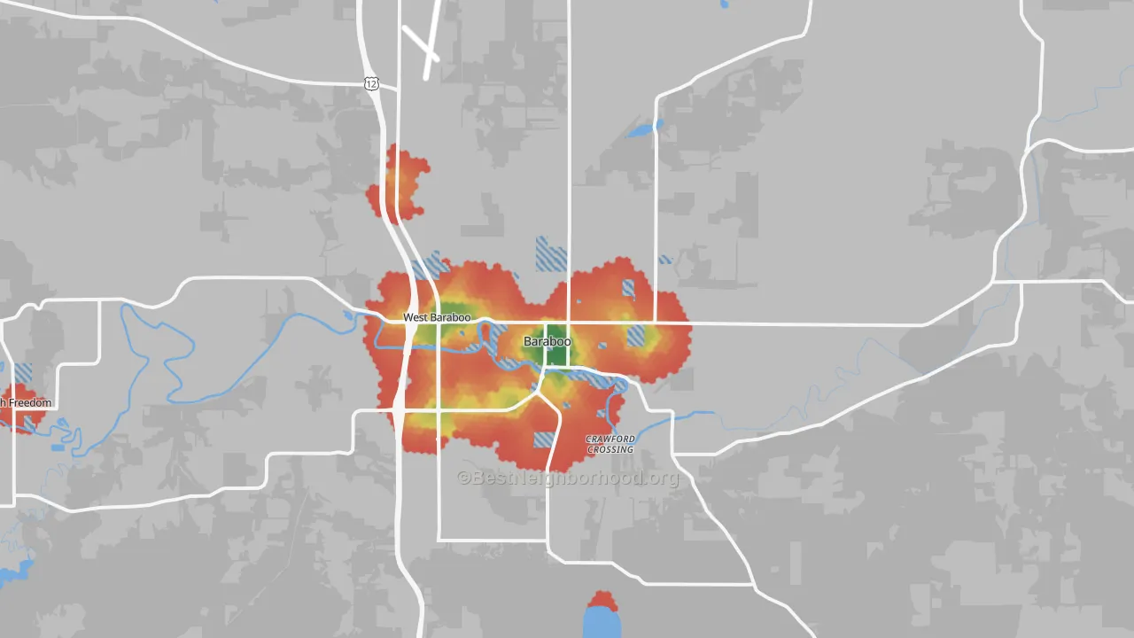 Walk Grade map of Baraboo, WI, walkable areas in green and car-dependent areas in red