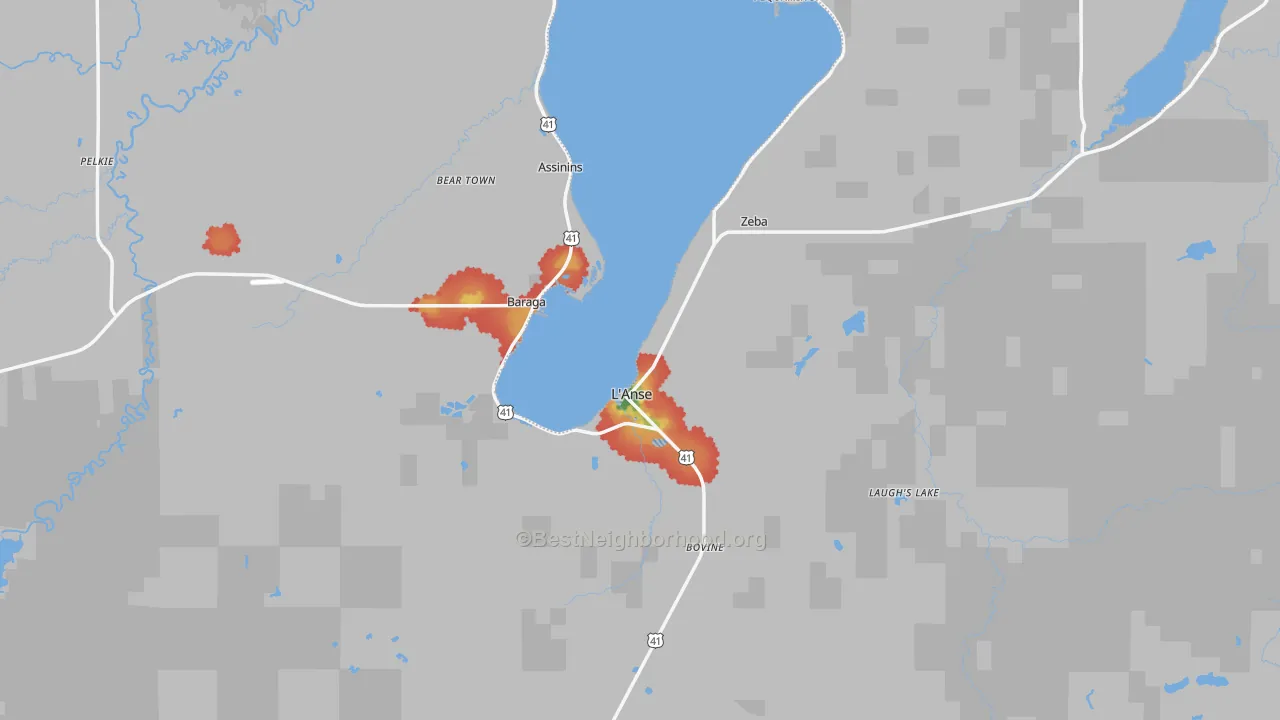 Walk Grade map of Baraga County, MI, walkable areas in green and car-dependent areas in red