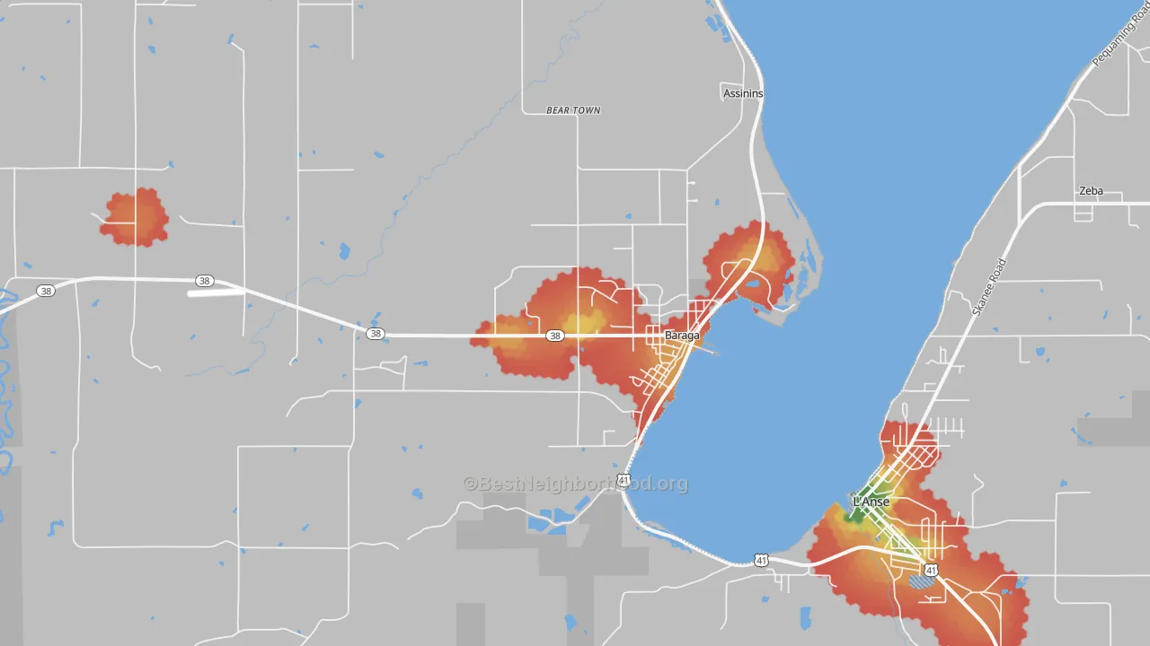 Walk Grade map of Baraga, MI, walkable areas in green and car-dependent areas in red