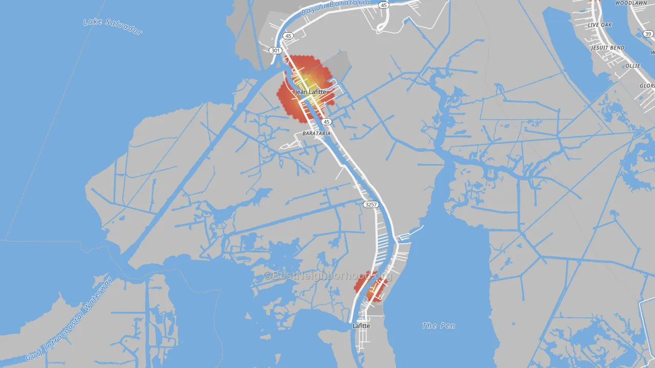 Walk Grade map of Barataria, LA, walkable areas in green and car-dependent areas in red