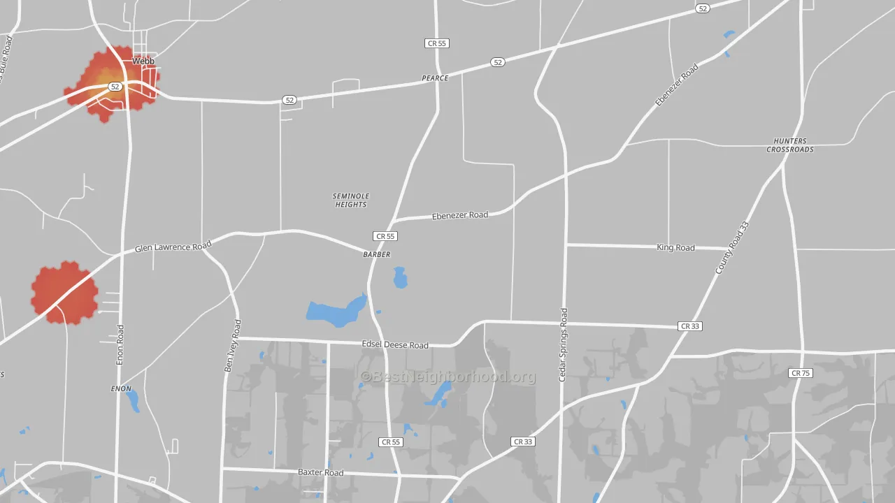 Walk Grade map of Barber, AL, walkable areas in green and car-dependent areas in red
