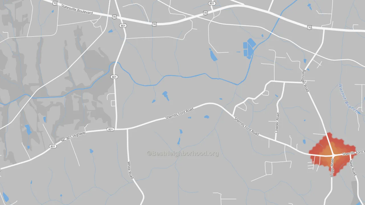 Walk Grade map of Barber, NC, walkable areas in green and car-dependent areas in red