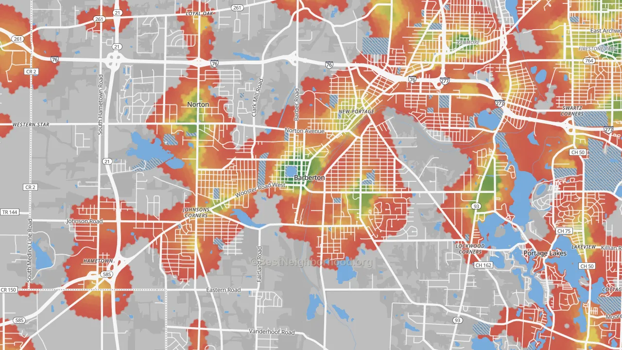 Walk Grade map of Barberton, OH, walkable areas in green and car-dependent areas in red