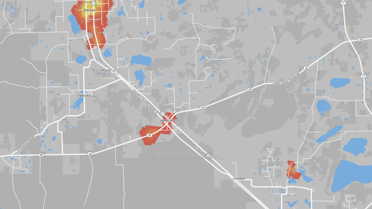 Walk Grade map of Barberville, FL, walkable areas in green and car-dependent areas in red