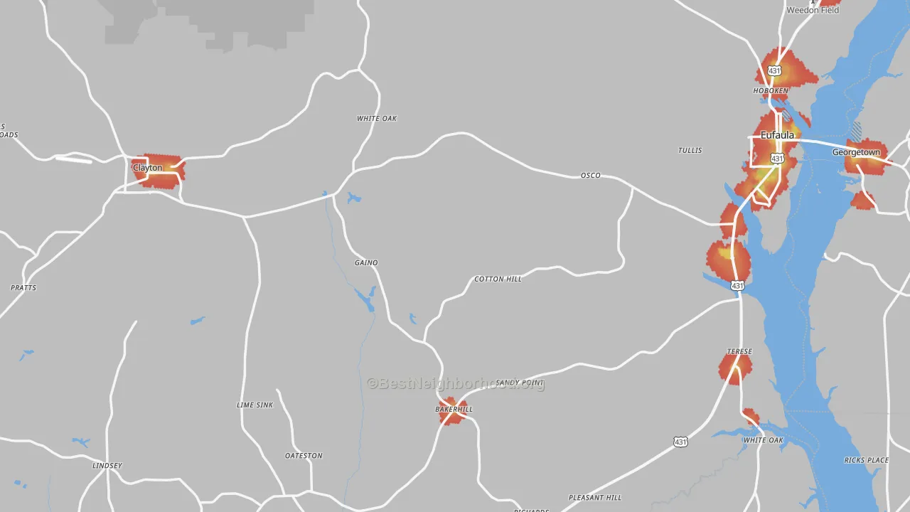 Walk Grade map of Barbour County, AL, walkable areas in green and car-dependent areas in red