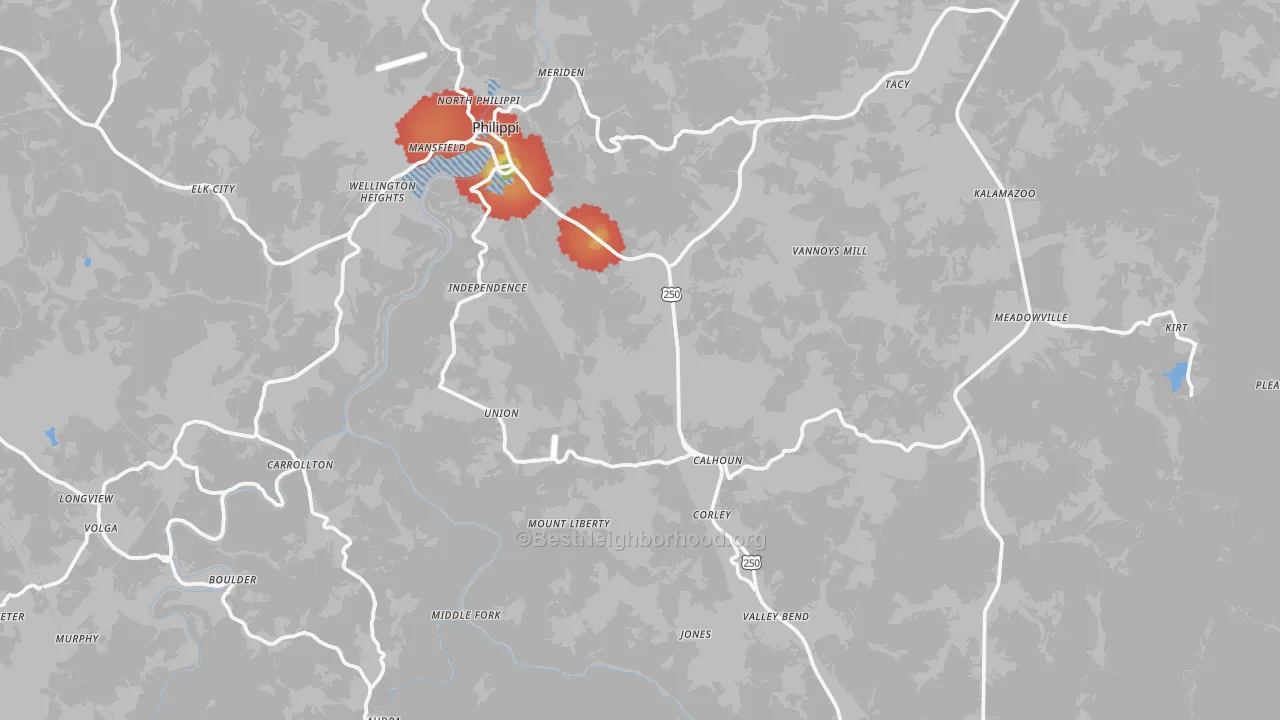 Walk Grade map of Barbour County, WV, walkable areas in green and car-dependent areas in red