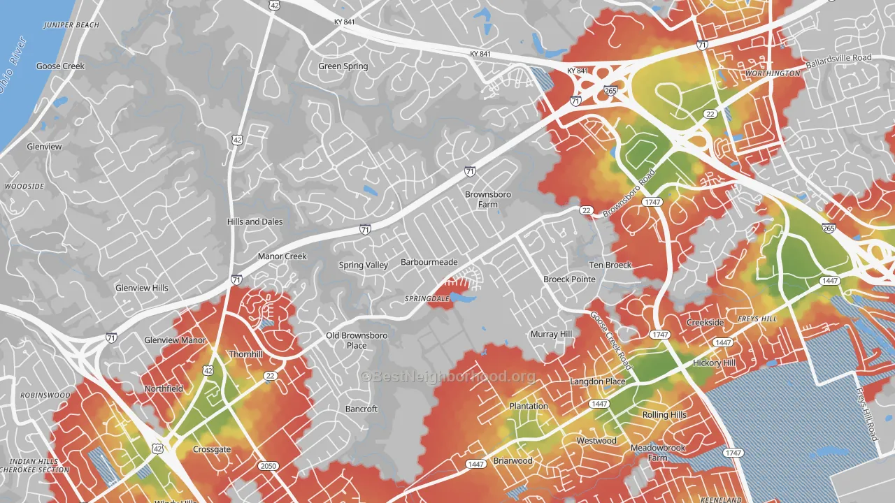 Walk Grade map of Barbourmeade, KY, walkable areas in green and car-dependent areas in red