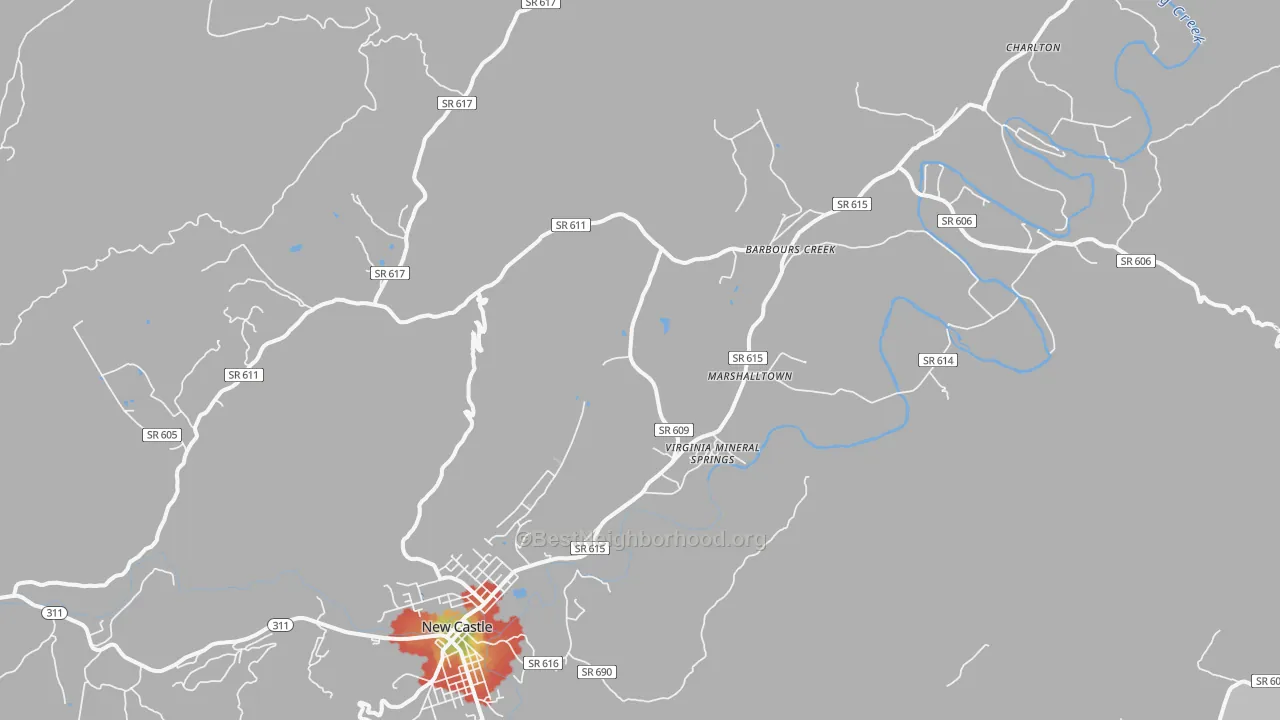 Walk Grade map of Barbours Creek, VA, walkable areas in green and car-dependent areas in red