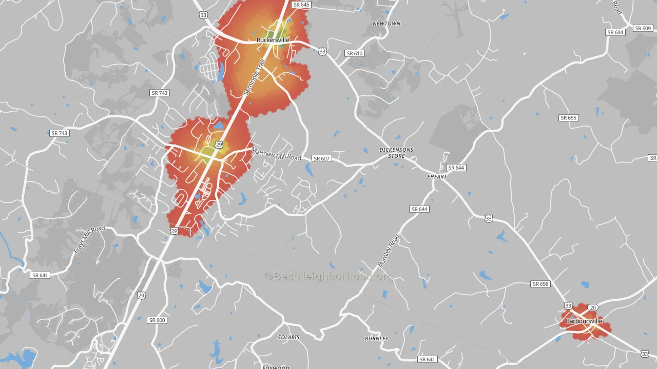 Walk Grade map of Barboursville, VA, walkable areas in green and car-dependent areas in red