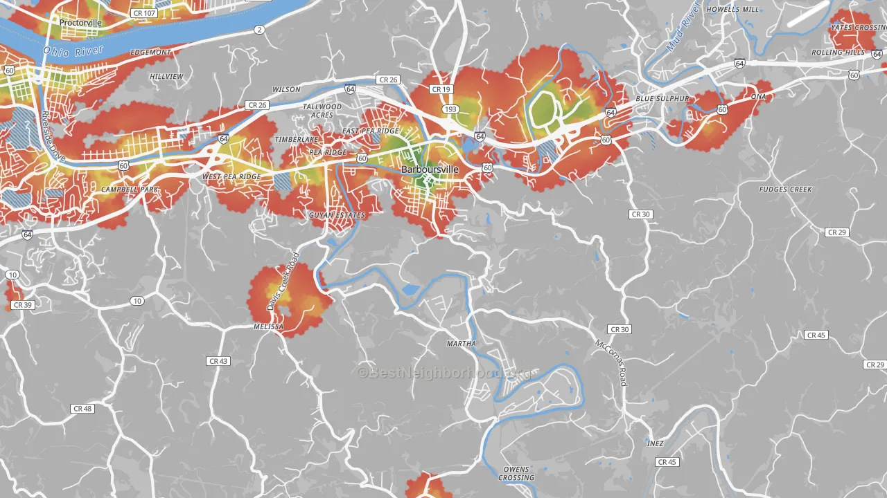 Walk Grade map of Barboursville, WV, walkable areas in green and car-dependent areas in red